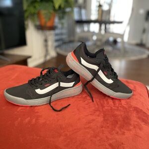 Vans Black and White Sneakers with Red and Gray Accents